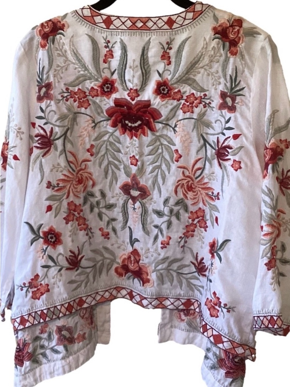 Johnny Was White Jacket with Red and Sage Floral Embroidery